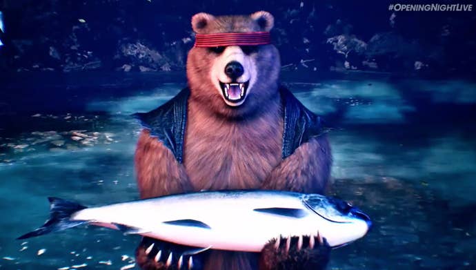 A happy bear holds up a big fish in a screenshot from Tekken 8’s trailer.