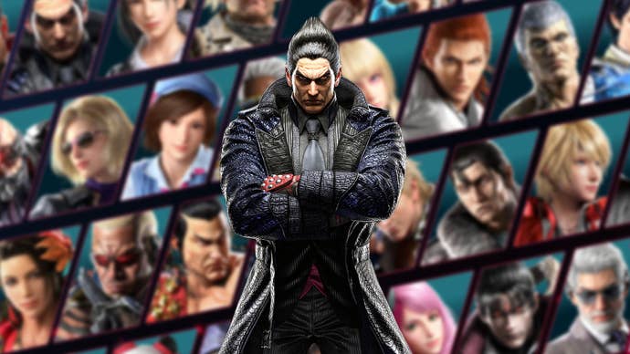 Tekken 8’s Kazuya Mishima stands, arms crossed and angry, in front of the roster of fighters coming to Tekken 8 – all of whom are slighlty blurred.