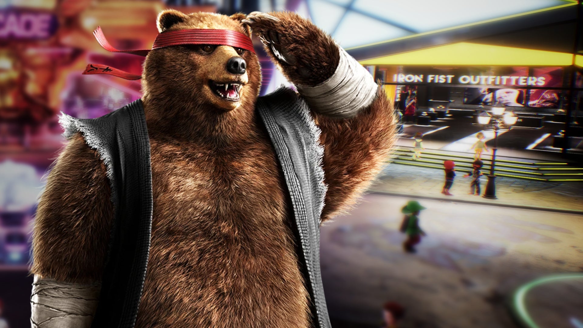 Kuma, the bear from Tekken 8, salutes a shop called 'Iron Fist Outfitters'. - 1