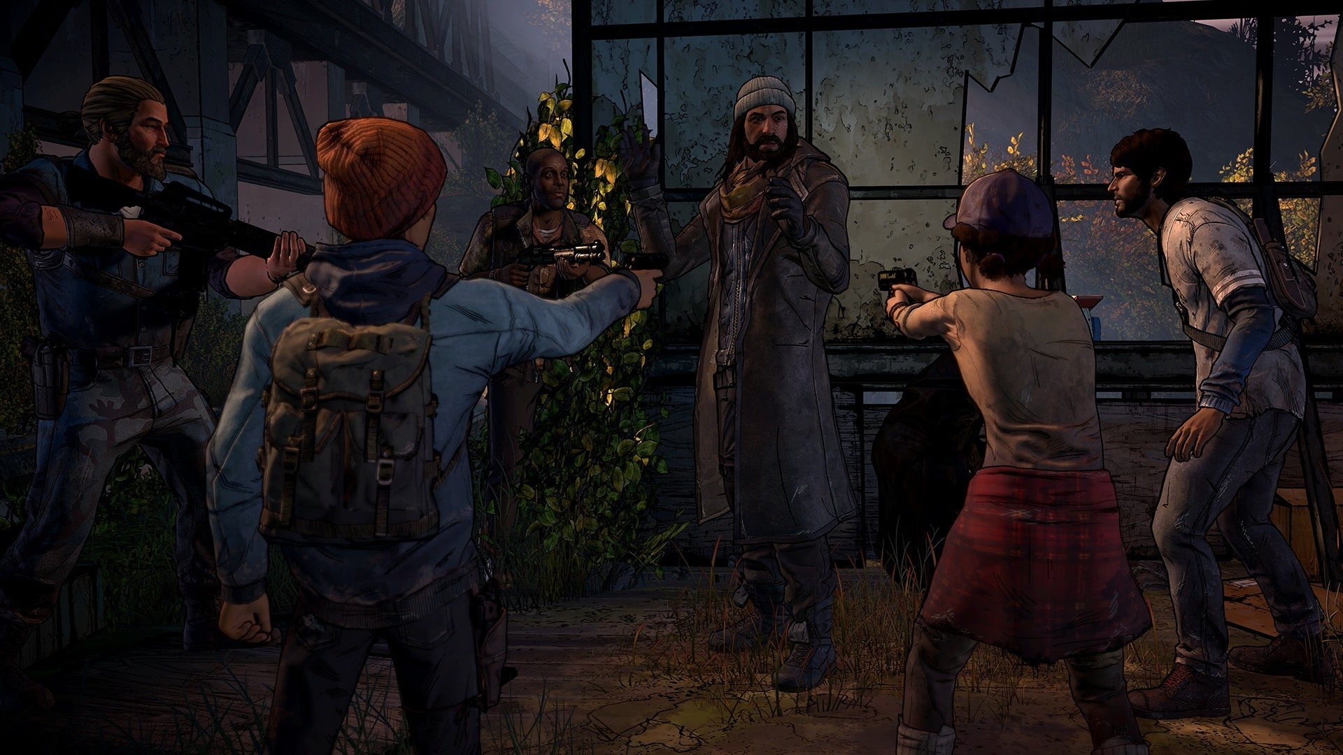 Multiple characters circle another while holding weapons in Telltale&rsquo;s The Walking Dead