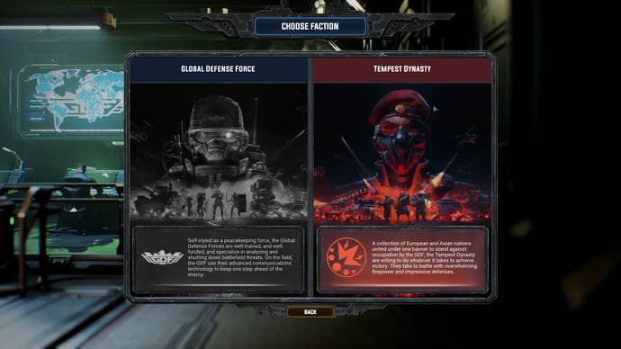 Faction choice screen in Tempest Rising, choosing between Tempest Dynasty and Global Defense Force