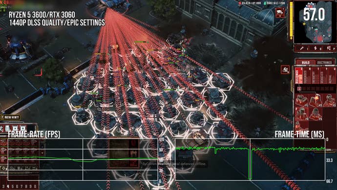 screenshot of worst-case CPU performance in Tempest Rising, with lots of units on-screen and ordered to attack-move