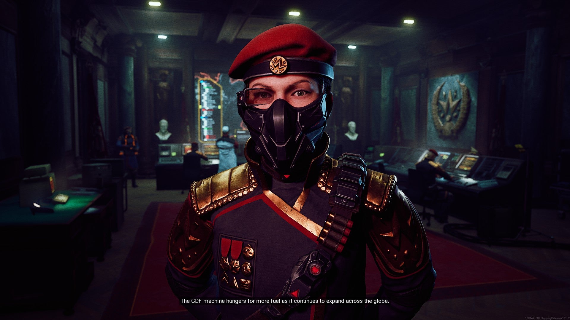 A Tempest Dynasty officer in a face mask and beret addresses the player in Tempest Rising. - 4