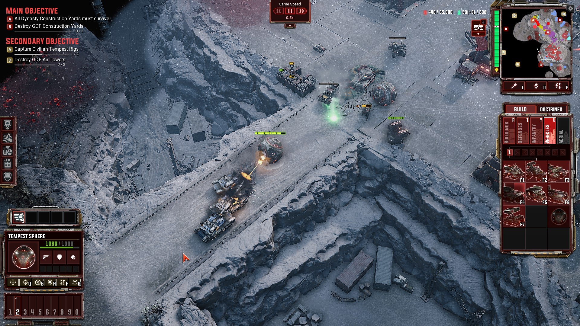 GDF and Tempest Dynasty forces clash on a narrow bridge in Tempest Rising.