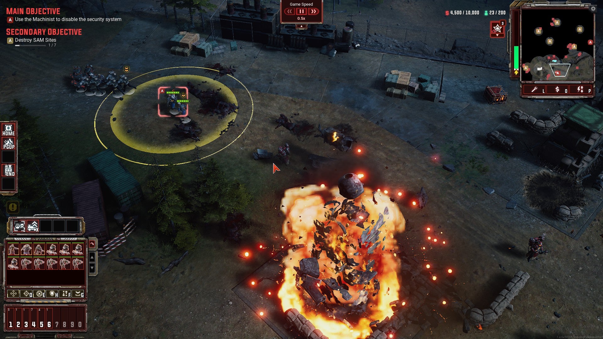 Infantry units move away from an exploding building in Tempest Rising.