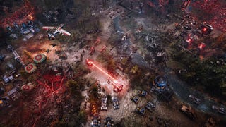 Top-down view of a Tempest Rising battle, with red vines growing out of the ground, vehicles shooting at on-ground units and more mayhem.