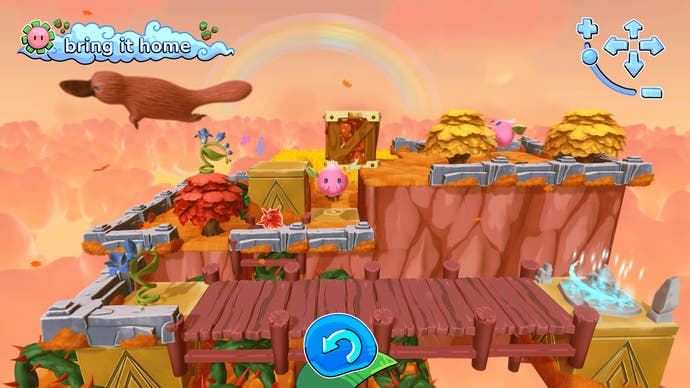 A screenshot from the bright and colourful game Tempopo.  Showing a roughly square floating level densely filled with steps and bridges and walkways - puzzles for your cute little blobby creature to overcome.