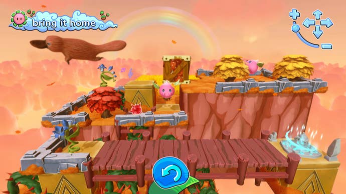 Tempopo screenshot showing a 3D level with a platypus flying through an orange sky.