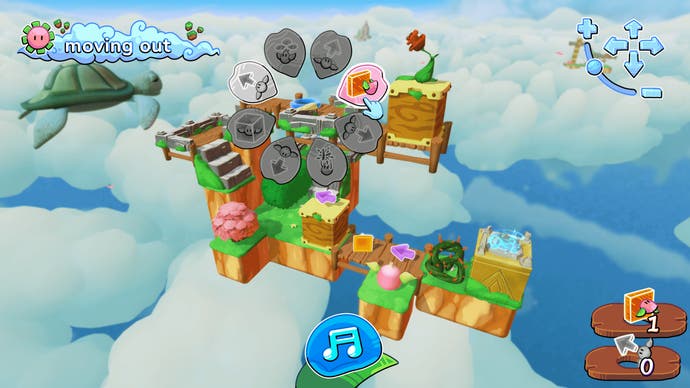A screenshot from the bright and colourful game Tempopo. Showing a roughly square floating level densely filled with steps and bridges and walkways - puzzles for your cute little blobby creature to overcome.