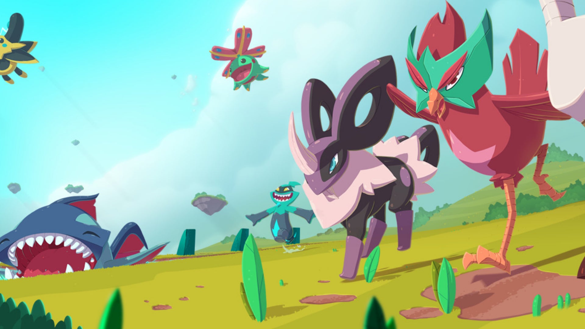 Multiple monsters can be seen roaming over a field in Temtem