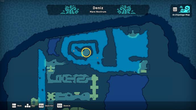 The location of the Coward's Cloak in Temtem, marked on the Deniz map