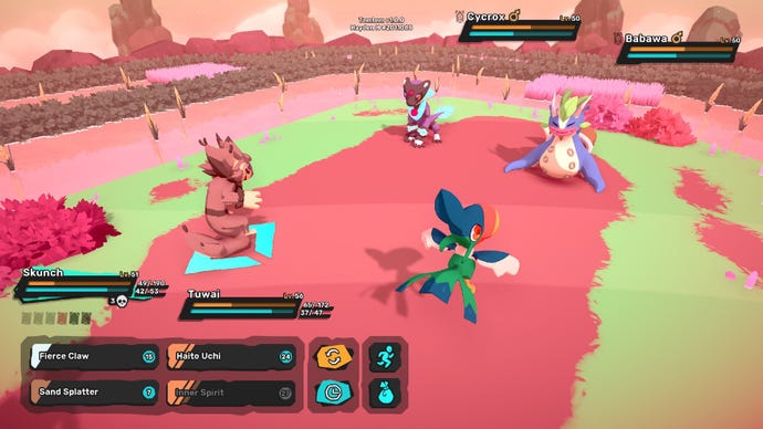 Temtem screenshot showing a wild struggle between a Skunch and Tuwai in opposition to a Cykrox and a Babawa.