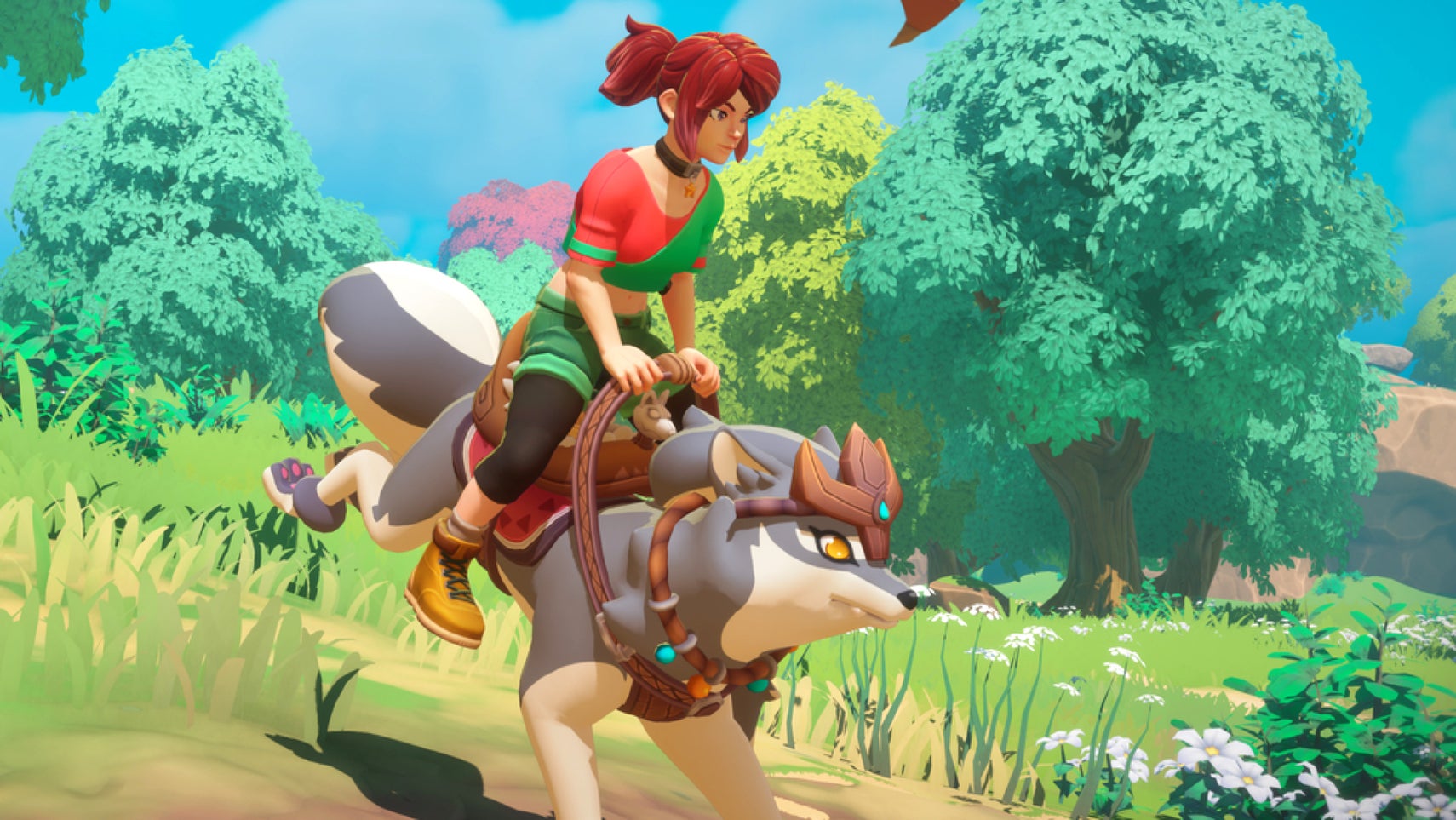 Temtem: Pioneers screenshot showing a player riding through a colourful woodland landscape on the back of their creature-like Temtem.