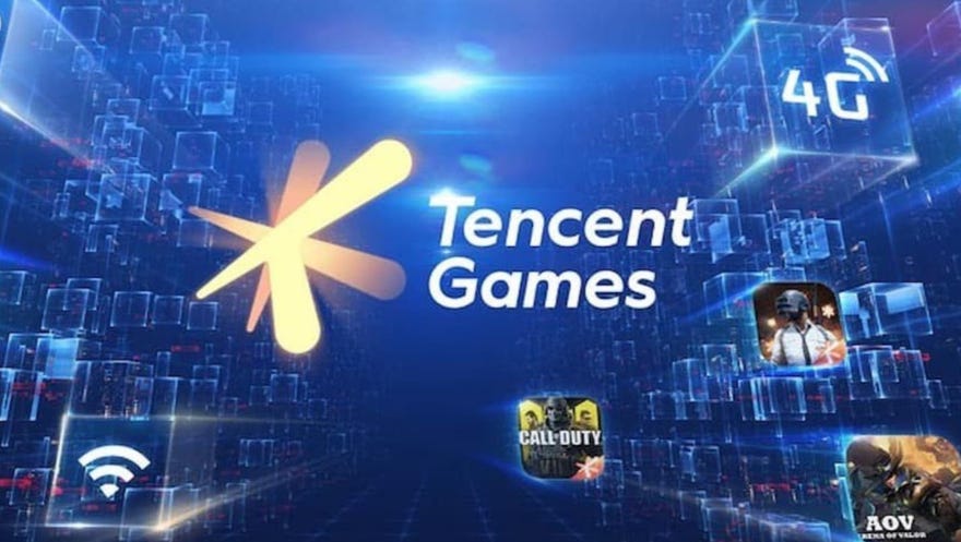 The Tencent Games logo floating against a blue 3D background with images of games