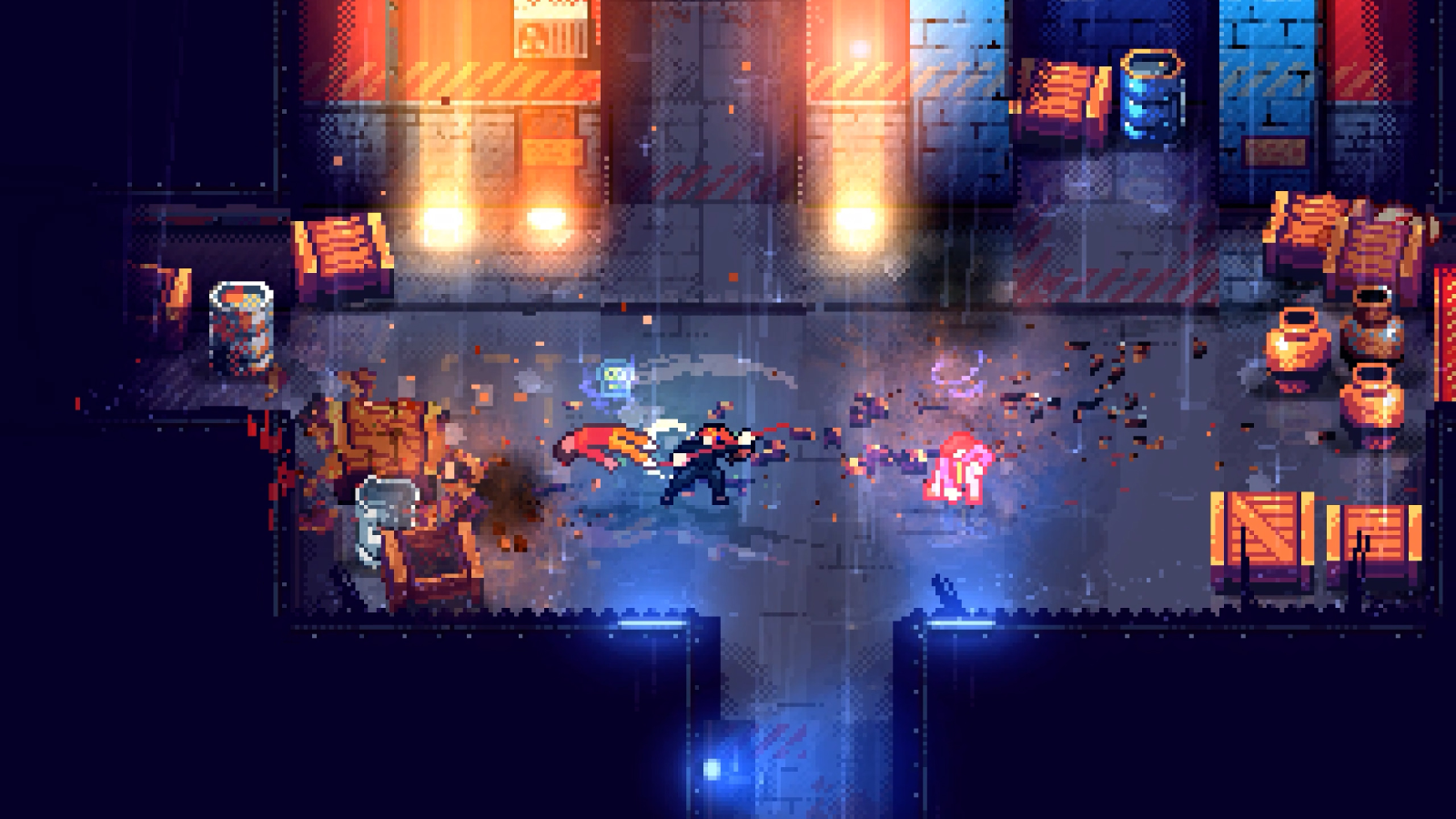 Screenshot of Tenjutsu showing pixel yakuza character battling bad guys in city environment