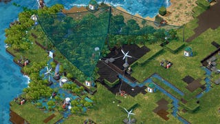 A top-down view of greenery, rivers and windmills in Terra Nil.