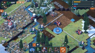A snapshot of Terra Nil's Vita Nova update, showing forests, bare rock and green planes with flights of birds passing over them and some high-tech rewilding gadgets