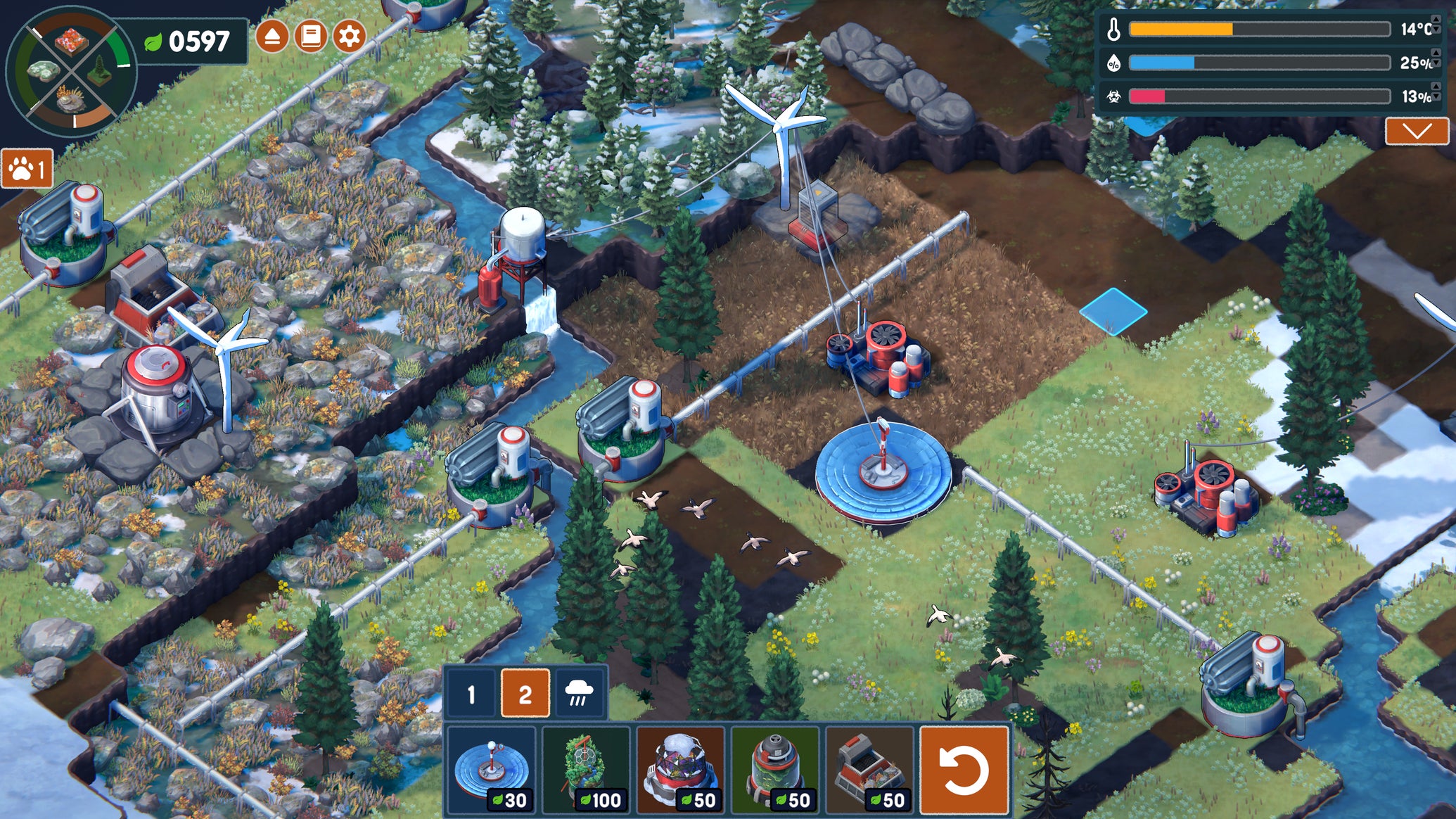 A snapshot of Terra Nil's Vita Nova update, showing forests, bare rock and green planes with flights of birds passing over them and some high-tech rewilding gadgets - 1