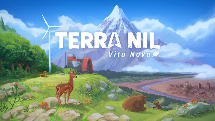 Terra Nil: Vita Nova update key art showing a deer, some bears and a jaguar on a lush green hill. Below the hill lies a more barren area, while a large snowy peak rising above in the background