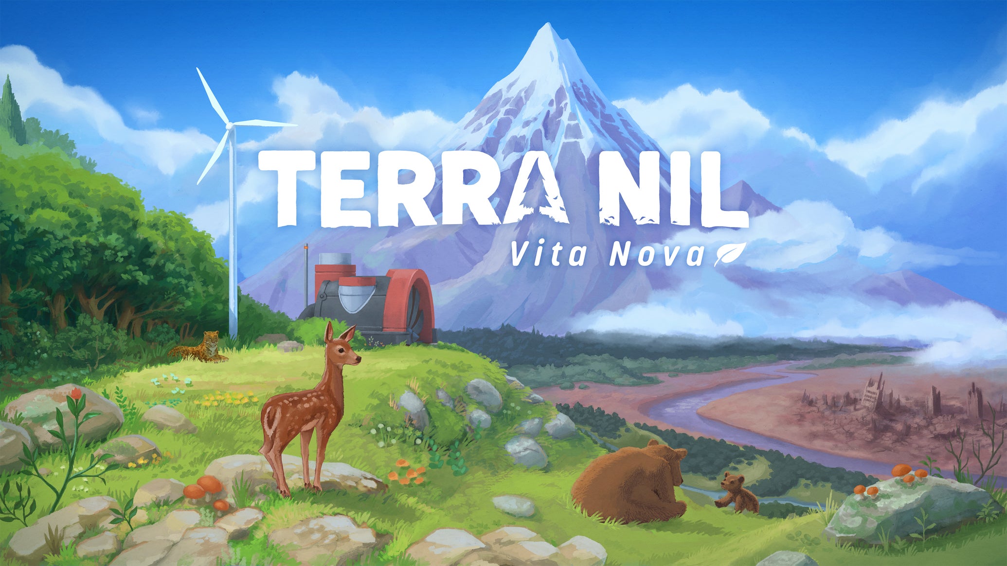 Terra Nova key art; mountains, a verdant field, some deer, and a forest, all thriving. - 1