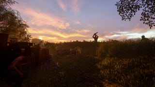 Texas Chainsaw Massacre screen showing a distant guy holding a chainsaw in silhouette against the horizon, at golden hour in a grassy field