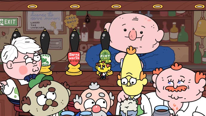 Several characters from Thank Goodness You’re Here! in the pub.