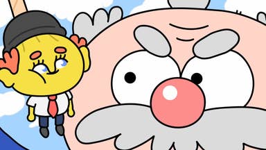 Thank Goodness You're Here trailer screenshot showing extreme close up of man with a moustache and little yellow man with a plunger on his head