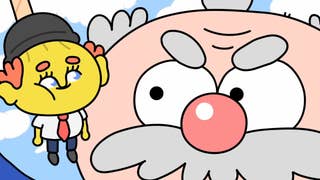 Thank Goodness You're Here trailer screenshot showing extreme close up of man with a moustache and little yellow man with a plunger on his head