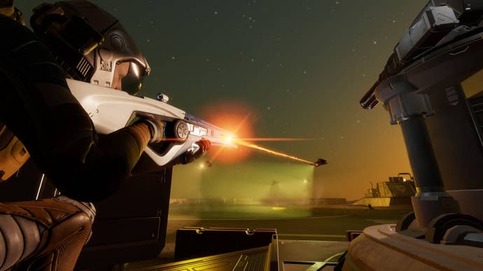 A commander fires a space rifle at a Thargoid Revenant in Elite Dangerous Odyssey