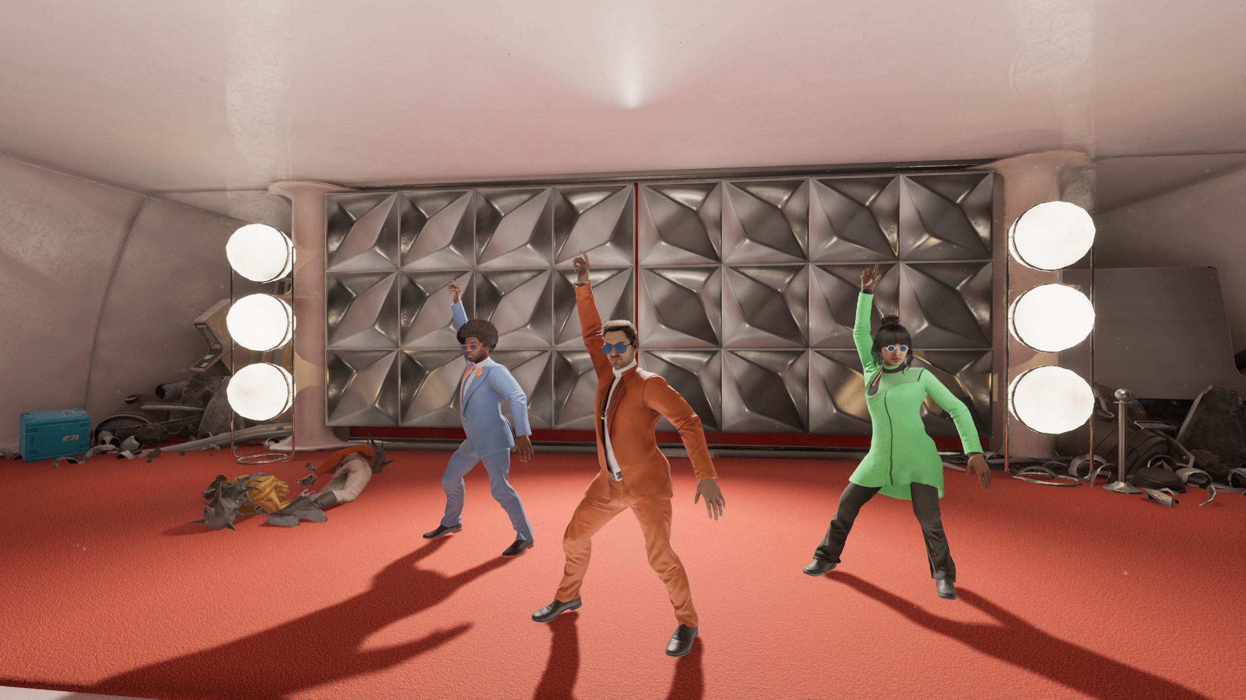 Three survivors striking a dance pose in The Anacrusis