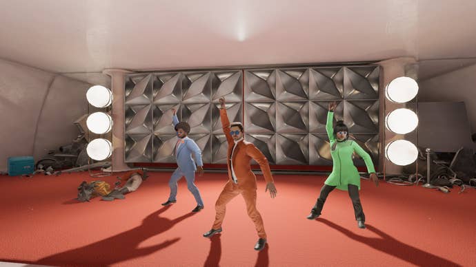 Three survivors striking a dance pose in The Anacrusis