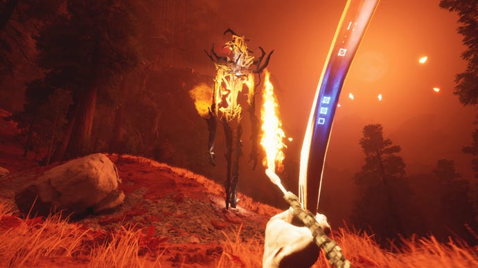 Shooting a flaming arrow at an unsettling humanoid creature in The Axis Unseen