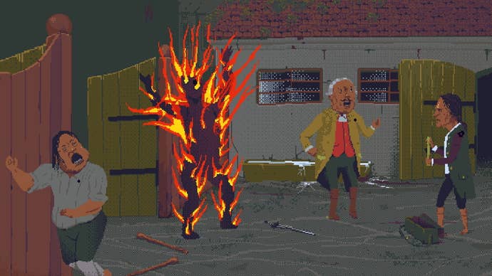 Several men scream in a stable yard as one of them spontaneously combusts in The Case Of The Golden Idol