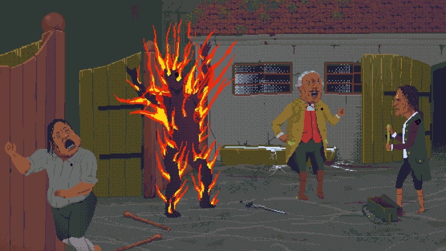 Several men scream in a stable yard as one of them spontaneously combusts in The Case Of The Golden Idol