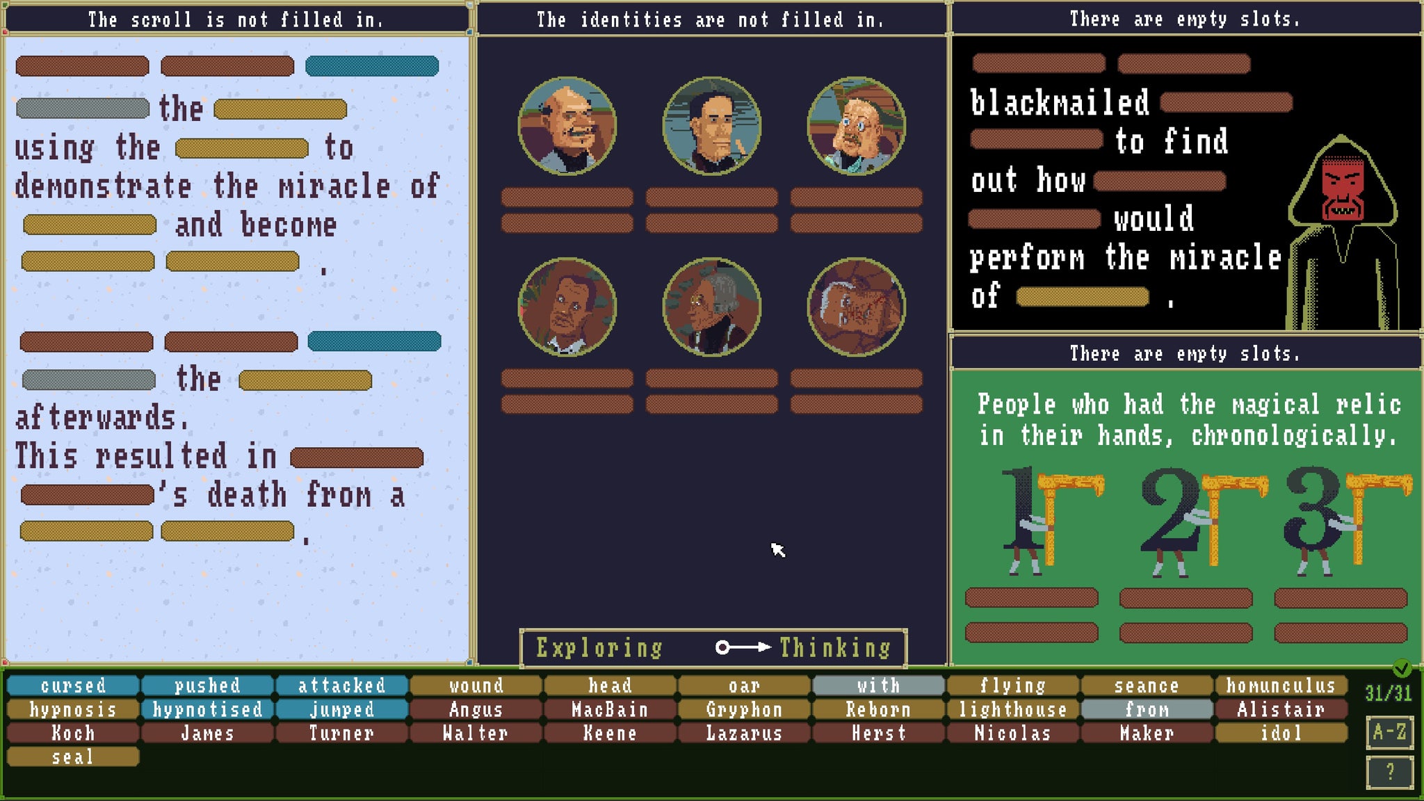 The screen is divided into four segments with text, character portraits and two additional text-based puzzles to be filled in by the player in The Case Of The Golden Idol - 10