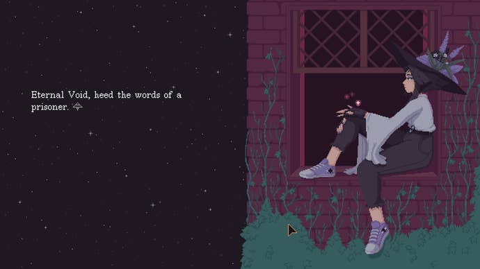 A young witch sits on the window sill of a house built on an asteroid in The Cosmic Wheel Of Sister Hood