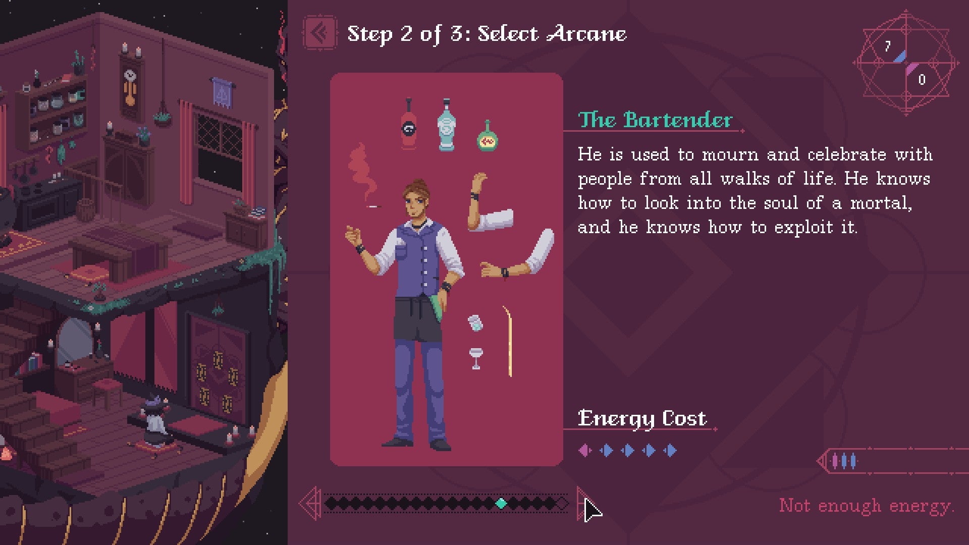 A tarot card crafting option that shows a character from The Red Strings Club in The Cosmic Wheel Of Sister Hood