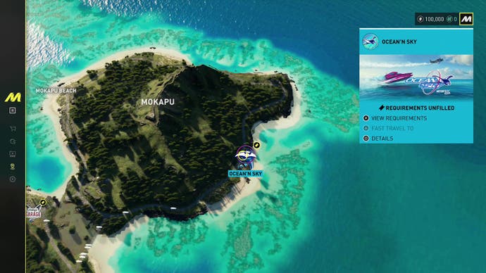 The Crew Motorfest screenshot, showing a top-down view of the map, alighting on the outcropping of Mokapu.