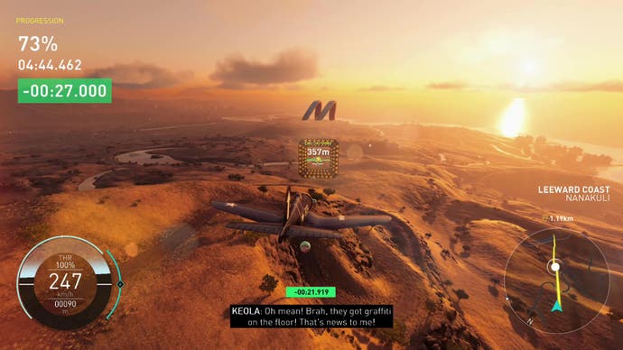 The Crew Motorfest screenshot, showing a plane flying through hoops at sunset, in one of the game’s challenges.