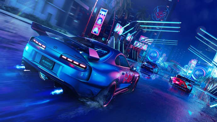 The Crew Motorfest screenshot showing a neon lit car race