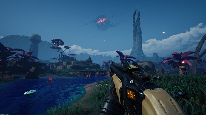 Exploring a backwater alien planet, shotgun at the ready, in The Cycle: Frontier.