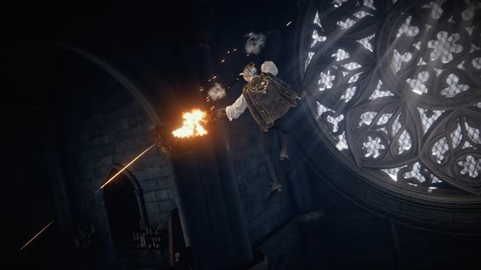 The Duskbloods screenshot showing a character leaping through the air past a stained-glass window firing pistols