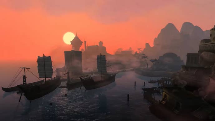 A screenshot from the Tamriel Rebuilt mod for The Elder Scrolls 3: Morrowind, showing a port and the sun low behind it