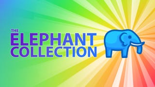 Blue Elephant shines with rainbow colours while standing next to the logo for The Elephant Collection