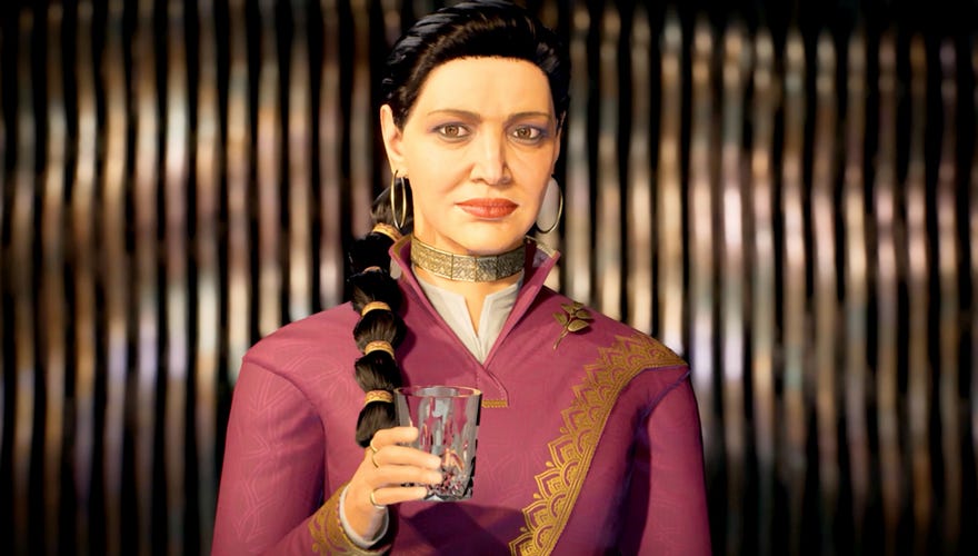 Screenshot from The Expanse: A Telltale Series' bonus episode, showing Archangel holding a glass