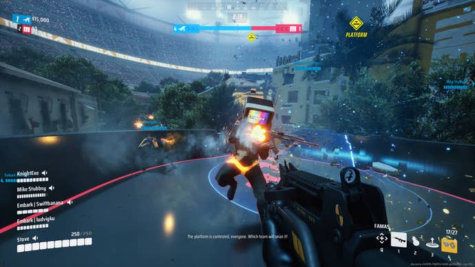 Defending the platform from attacking players in The Finals’s Power Shift mode.