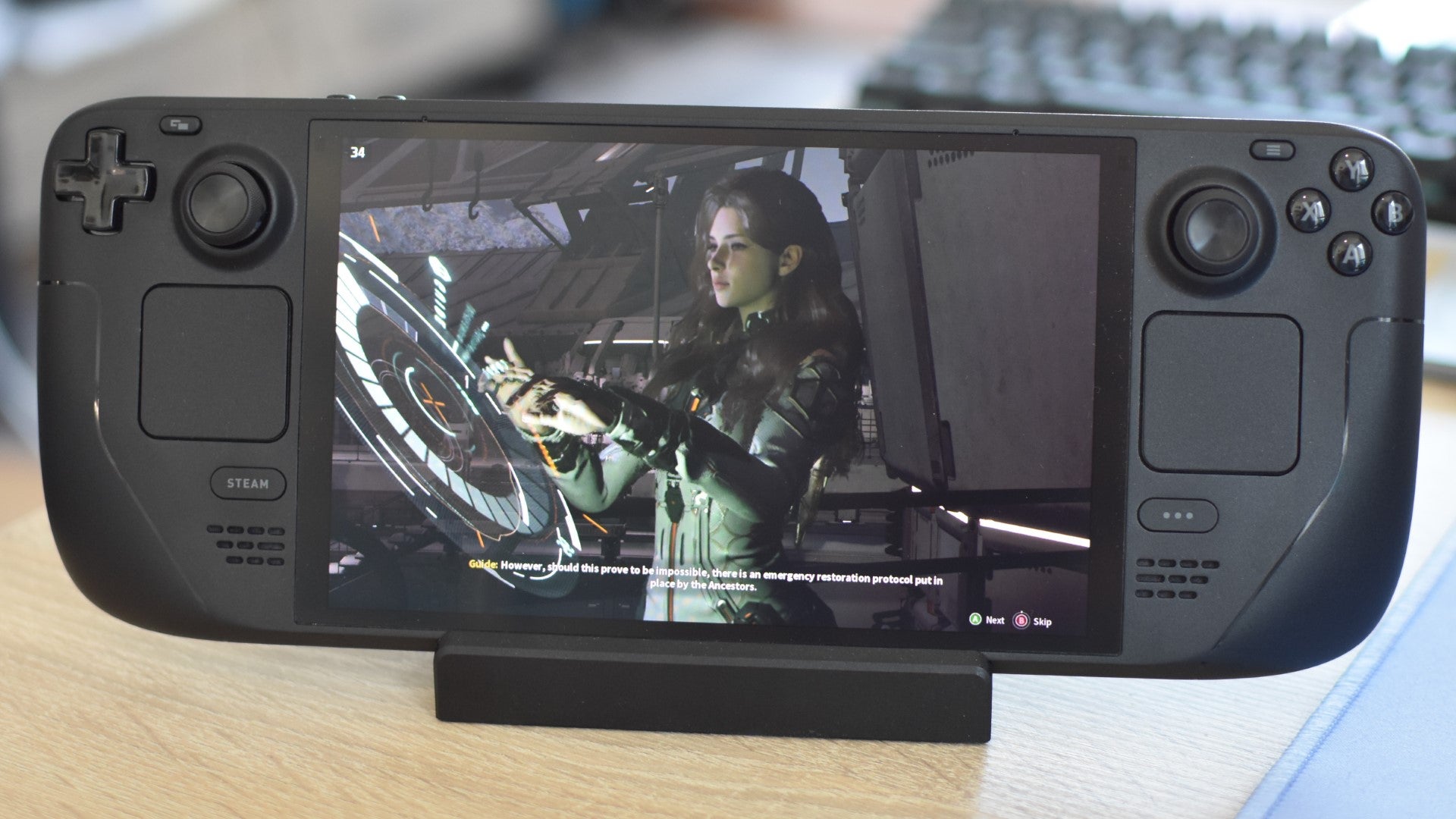 A dialogue scene with The Guide in The First Descendant, running on a Steam Deck OLED. - 5