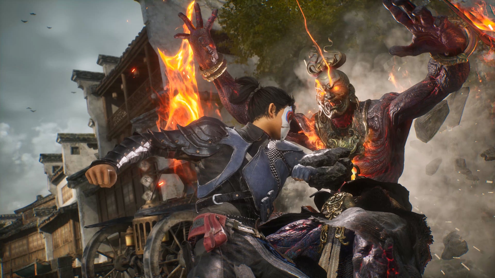 Cheng strikes down a flame demon enemy in The God Slayer. - 1