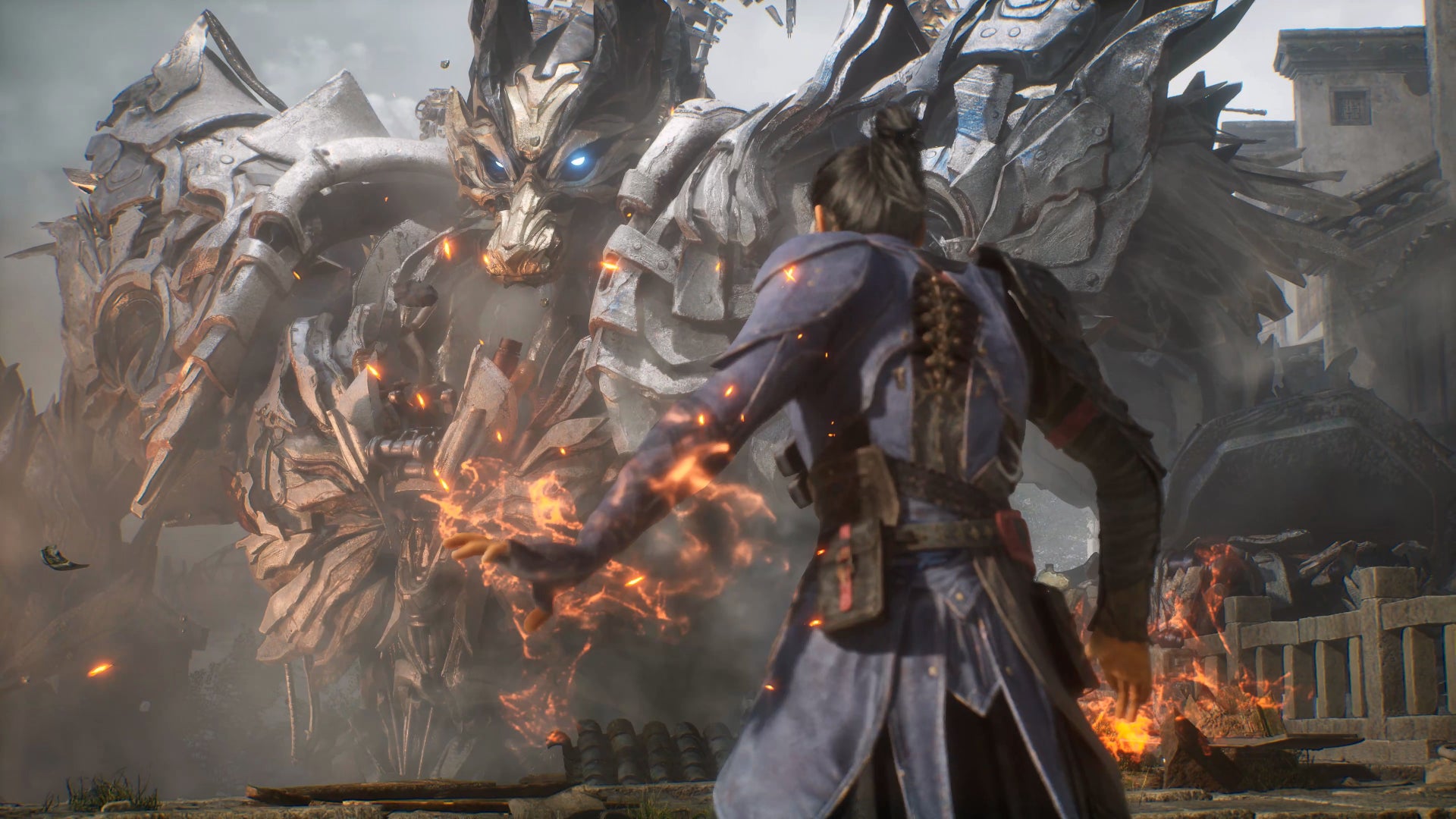 Cheng readies his fire element powers as a huge, mecha-like metal creatuire with a snarling fox mask approaches him. - 6