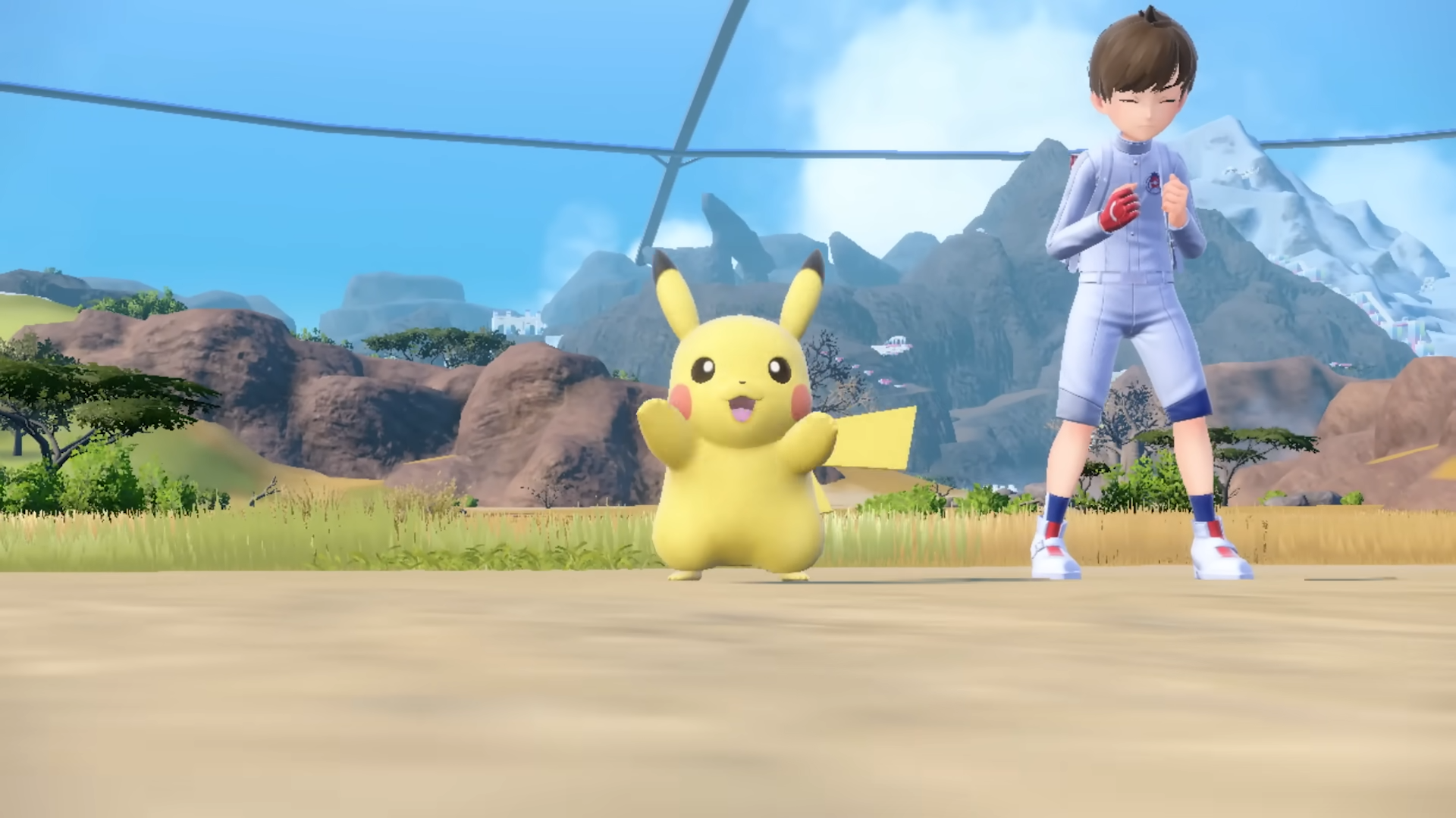 A Pikachu in Pokémon Scarlet and Violet with its owner stood beside